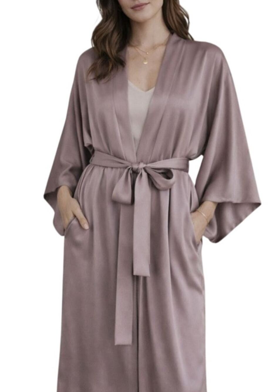 NWT Zara Silk Belted Robe Kimono Dressing Gown S/M Taupe Elegant Quiet Luxury
